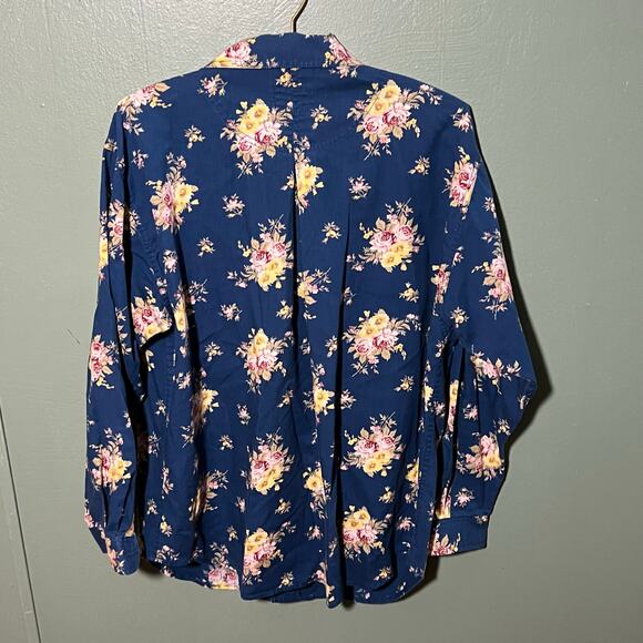 LIZ Wear Navy Blue Floral Blouse with Tie Belt Long Sleeve Top - Picture 7 of 8